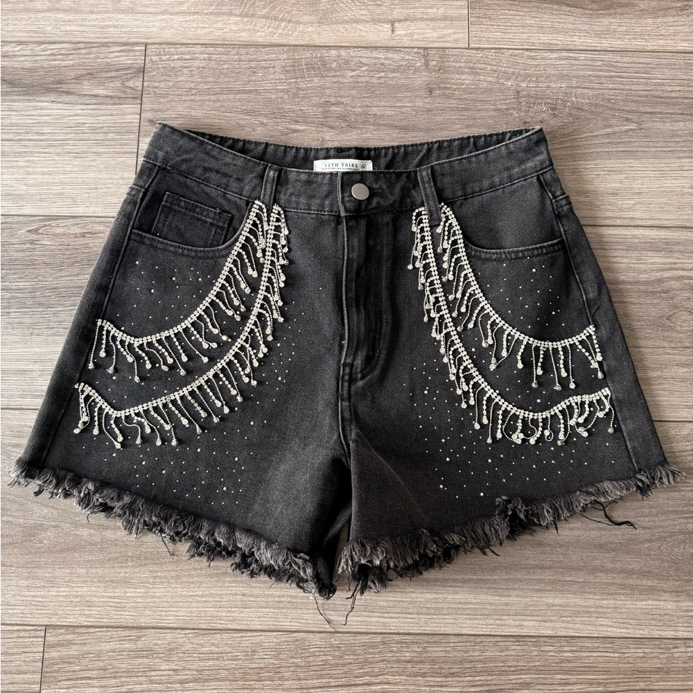 12th Tribe Love Thing Washed Black Denim Shorts Size Medium